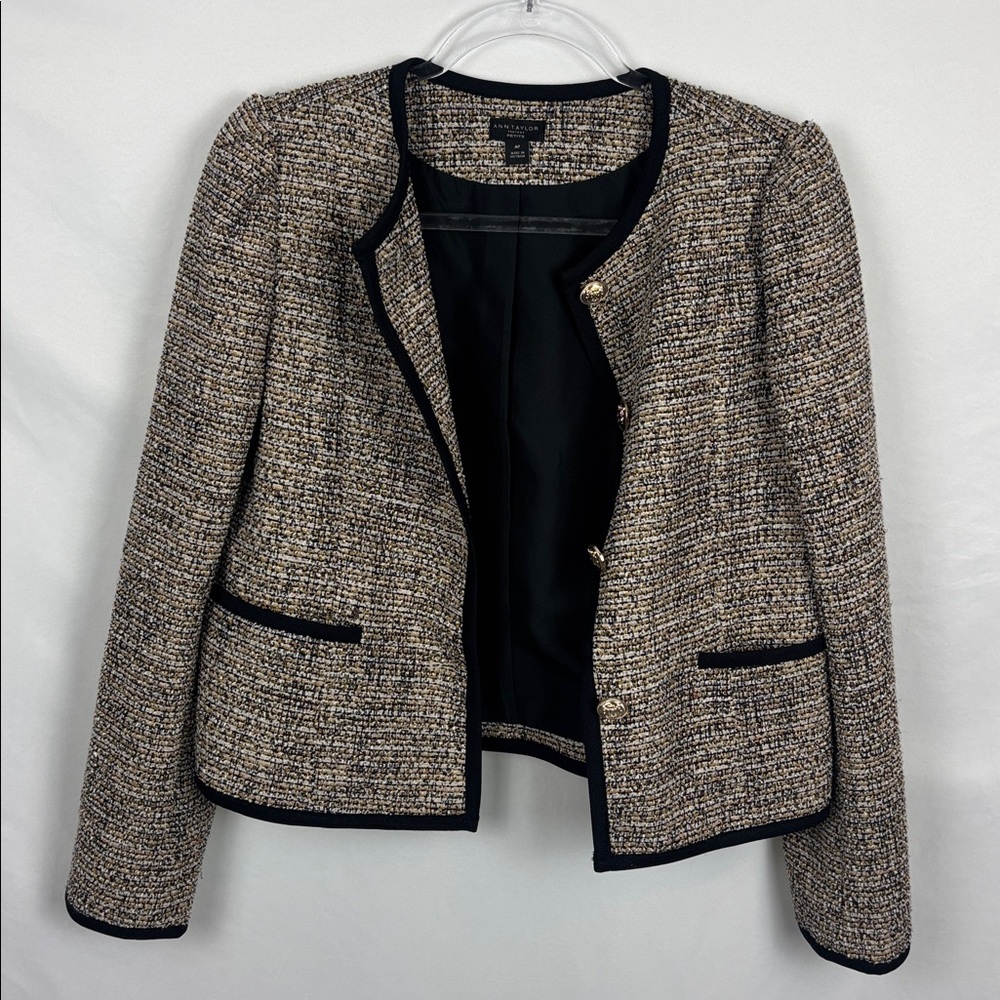 Ann Taylor Factory Tweed Jacket with Black Trim. Size MP